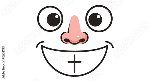 Quirky cartoon smiling face with large round eyes a pink nose and a simple cross tooth design on a white background.