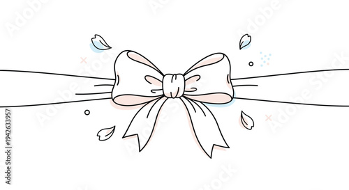 Elegant white ribbon bow decorated with soft pink accents and falling flower petals for a romantic or wedding theme.
