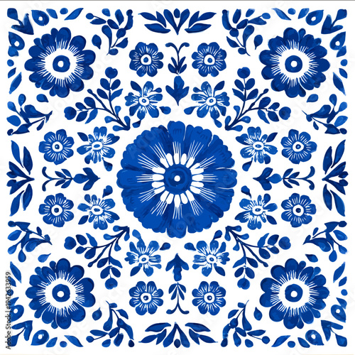 isolated clipart image of grids gouache blue and white borders strips floral folk geometric pattern tile vector icon monochrome simple logo for kids on a w