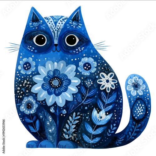 isolated clipart image of cute kawaii watercolor gouache blue floral folk geometric cat cartoon doodle vector icon monochrome simple logo for kids on a whi