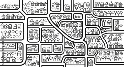 Detailed Black and White Map of a Suburban Neighborhood.