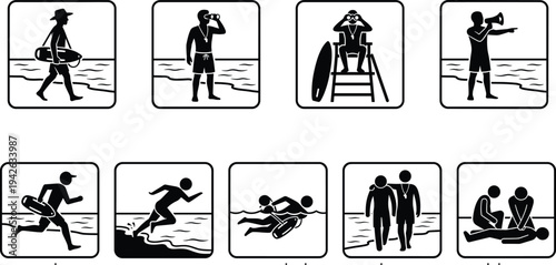 Professional Beach Lifeguard and Water Rescue Icon Set Featuring Surveillance Lifesaving Actions and First Aid Emergency Procedures