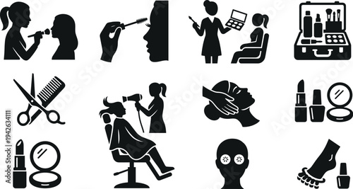 Professional Beauty Salon and Makeup Artist Icon Set Featuring Hair Styling Cosmetics Application Skin Care Treatments and Manicure Silhouettes