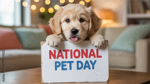 Adorable golden retriever puppy celebrating national pet day indoors