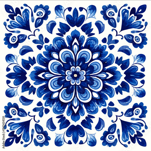 isolated clipart image of gouache blue and white borders strips arabesque floral folk geometric pattern tile vector icon monochrome simple logo f