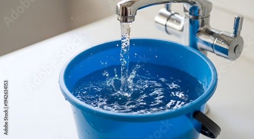 Water flowing from a faucet into a blue bucket placed on a countertop