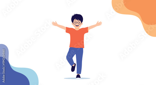 Dynamic illustration of a young boy with glasses in an orange shirt jumping with joy on an abstract background.