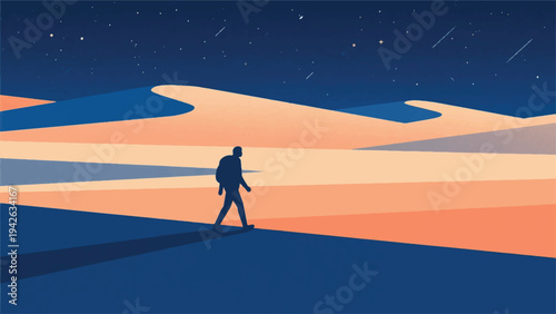 Illustration Of An Adventurer Walking In The Desert At Night Vector Design Template