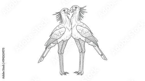 Dancing secretary birds: Two secretary birds stand facing each other, creating a captivating dance of avian elegance with feather detail and graceful movement. 