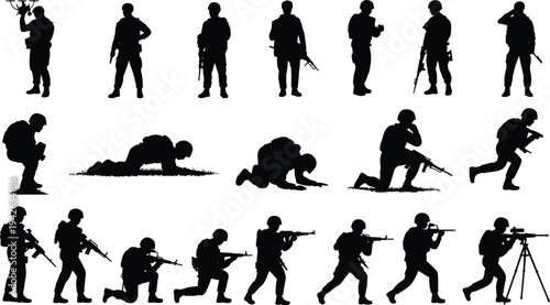 Military soldier silhouettes collection with weapons and drone operator, army combat poses set, tactical infantry soldiers standing kneeling running aiming isolated vector illustration