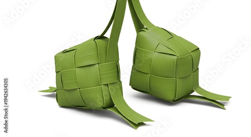 Traditional Woven Palm Leaf Pouches for Rice Cakes, a Symbol of Cultural Celebrations and Festive Gatherings in Southeast Asia, Presented on a Clean White Background