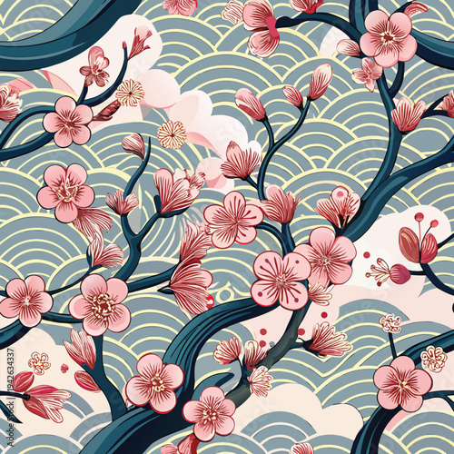 Sakura Floral with Seigaiha Wave Motif Vector Background