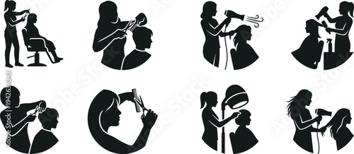 Professional Hairdresser and Beauty Salon Icon Set Featuring Hair Cutting Styling Blow Drying and Hair Treatment Silhouettes for Women