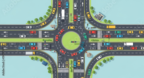 Aerial View of a Busy Roundabout Intersection with Multiple Vehicles.