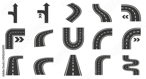 Road Elements Collection - Vector Illustration of Various Road Sections.
