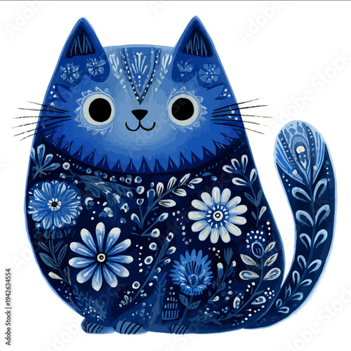 isolated clipart image of cute kawaii watercolor gouache blue floral folk geometric cat cartoon doodle vector icon monochrome simple logo for kid
