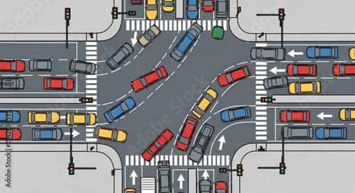 Busy Intersection with Cars and Traffic Congestion.