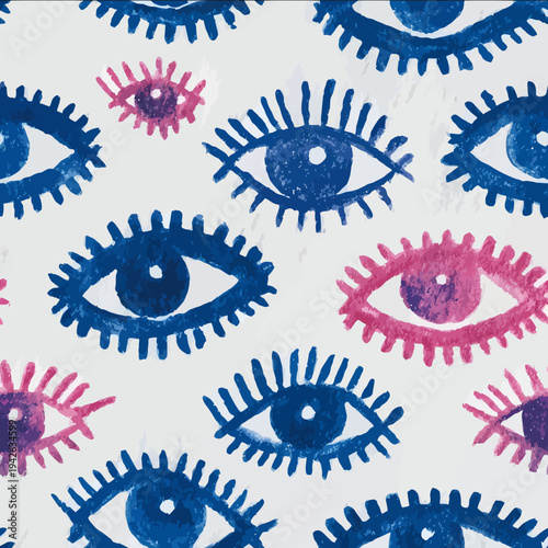 isolated clipart image of watercolor geometric blue pink handpainted evil eye repetitive pattern in rows linocut vector icon monochrome simple lo