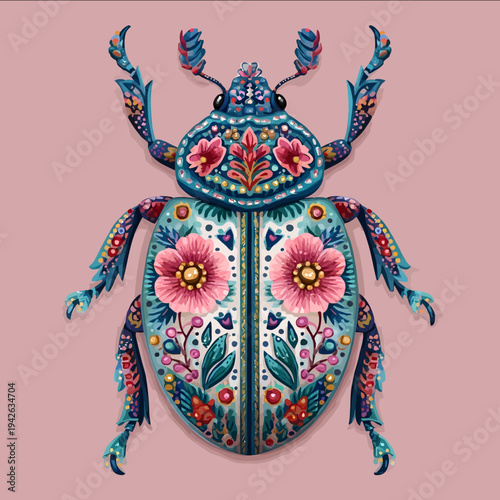 isolated clipart image of gouache floral folk geometric beetle red pink blue turquoise teal pattern tile vector icon monochrome simple logo for k