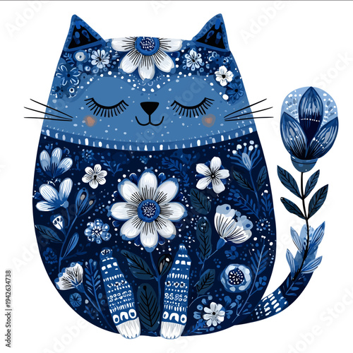 isolated clipart image of cute kawaii blue floral folk geometric cat cartoon doodle vector icon monochrome simple logo for kids on a white background