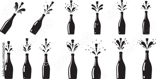 Black and white champagne bottle illustrations with corks popping