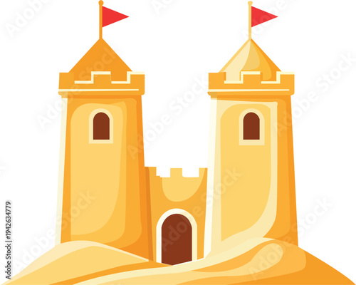 Sandcastle with two towers and red flags isolated on white background
