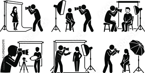 Professional Photography Studio Icon Set Featuring Photographers Taking Portraits with Studio Lighting Backdrops and Professional Camera Equipment
