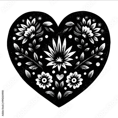 isolated clipart image of decorative ornamental folk art or boho hearts decorated with flower flame moon Mexican sacred heart linocut sticker vector icon m