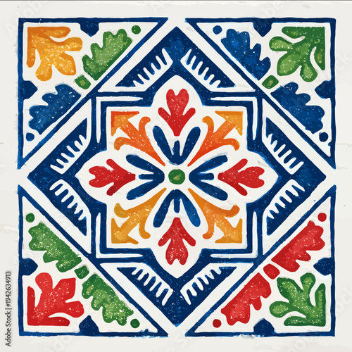 isolated clipart image of geometric portuguese pattern tile red yellow blue green linocut vector icon monochrome simple logo for kids on a white