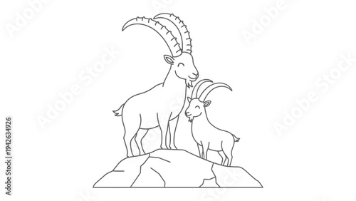 Majestic Ibex Family Silhouette: A striking outline of a mother ibex and her calf stands proud on a rugged rocky outcrop, embodying the strength and beauty of nature.