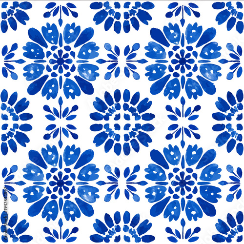 isolated clipart image of watercolor grids gouache blueand white borders strips floral folk geometric pattern tile vector icon monochrome simple