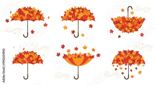 Set of autumn umbrellas made from colorful maple leaves with acorns and falling foliage elements on white background.