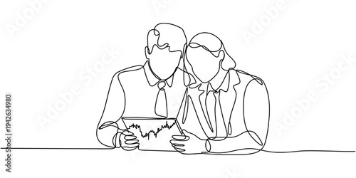 One single line drawing of two young male and female workers watching stock movements on tablet together at the office. Stockbroker concept continuous line draw design graphic vector illustration.