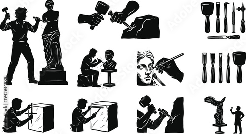Professional Stone Sculptor and Artist Icon Set Featuring Sculpting Tools Statue Carving Techniques and Creative Studio Work Silhouettes