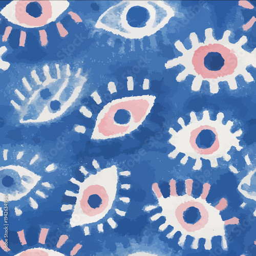 isolated clipart image of watercolor geometric blue pink handpainted evil eye repetitive pattern linocut vector icon monochrome simple logo for k