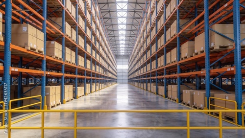 Foto Large industrial warehouse interior with high racks and stacked cardboard boxes,