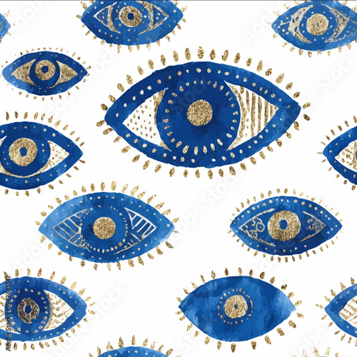 isolated clipart image of watercolor geometric blue gold foil handpainted evil eye repetitive pattern stripes linocut vector icon monochrome simple logo fo