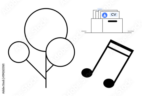 Abstract design. Features music, creativity, and career elements. Includes a musical note, tree diagram, and file folder for resumes. Ideal for art education and workplace concepts. Useful