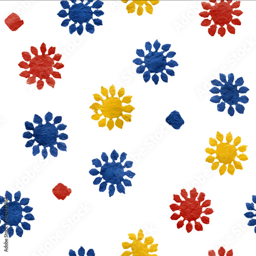 isolated clipart image of watercolor geometric spots flowers red blue yellow handpainted repetitive pattern block print Indian linocut vector icon monochro