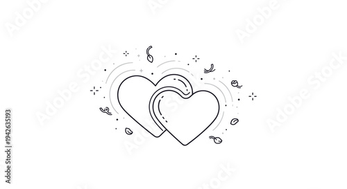 Two interlocking heart outlines surrounded by stars and confetti in a simple black and white linear style.