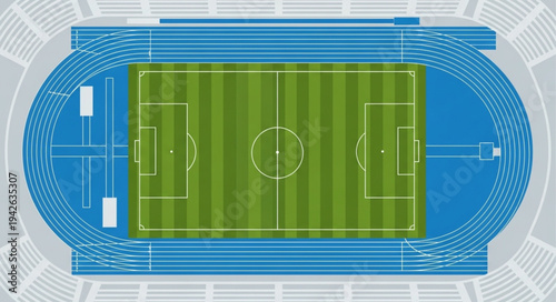 Overhead View of a Soccer Stadium with Green Field.