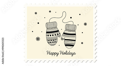 Festive postage stamp design featuring a pair of patterned mittens with snowflakes and Happy Holidays text.