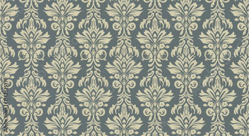 Rich navy damask motif on soft neutral backdrop with antique inspiration