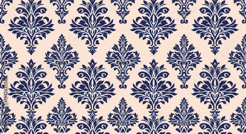 Elegant navy and beige damask design with classic decorative symmetry