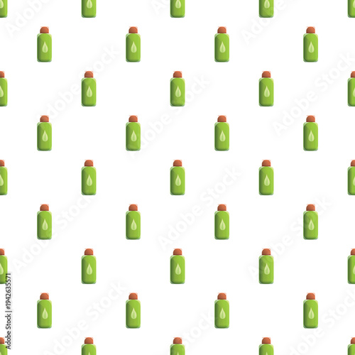 Green cosmetic bottles with a leaf symbol creating a repeating seamless pattern