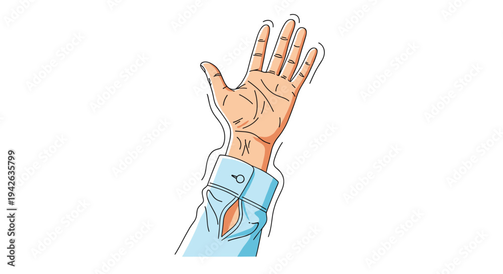 Fototapeta premium Close up illustration of a human hand in a light blue shirt sleeve raised up as if waving or asking a question.