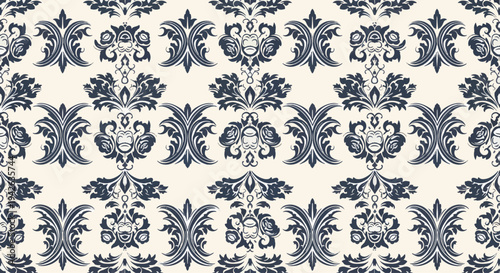 Decorative navy blue damask print with timeless vintage elegance