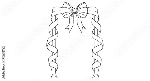 Detailed black and white line drawing of a large decorative bow with long cascading and curling ribbons.