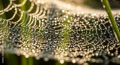 A spider web covered in dew drops on a green leaf