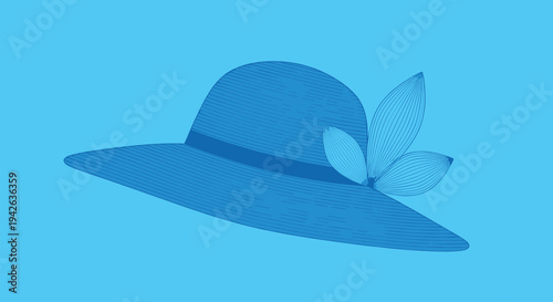 Elegant wide brimmed blue summer hat decorated with delicate leaf ornaments isolated on a solid light blue background for fashion concepts.